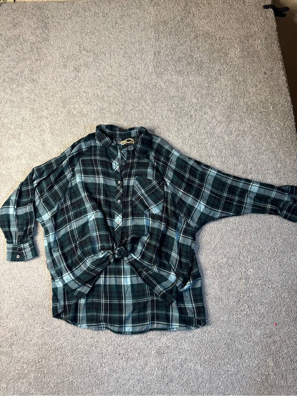 True Craft Dark Green Plaid Button-Down with Front Tie